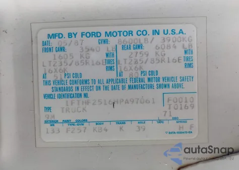 1987 Ford F250 из США, поврежденный, VIN 1FTHF2516HPA97061